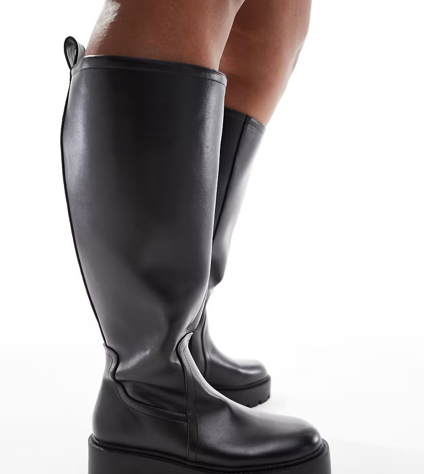 ASOS DESIGN Curve Carmen chunky flat knee boots in black | ASOS (Global)