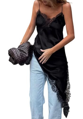 Sezhgswd Women Satin Slip Mini Dress Silk Lace Trim Patchwork Asymmetrical Side Split Cami Tops Spaghetti Strap Dresses Black | Amazon (US)