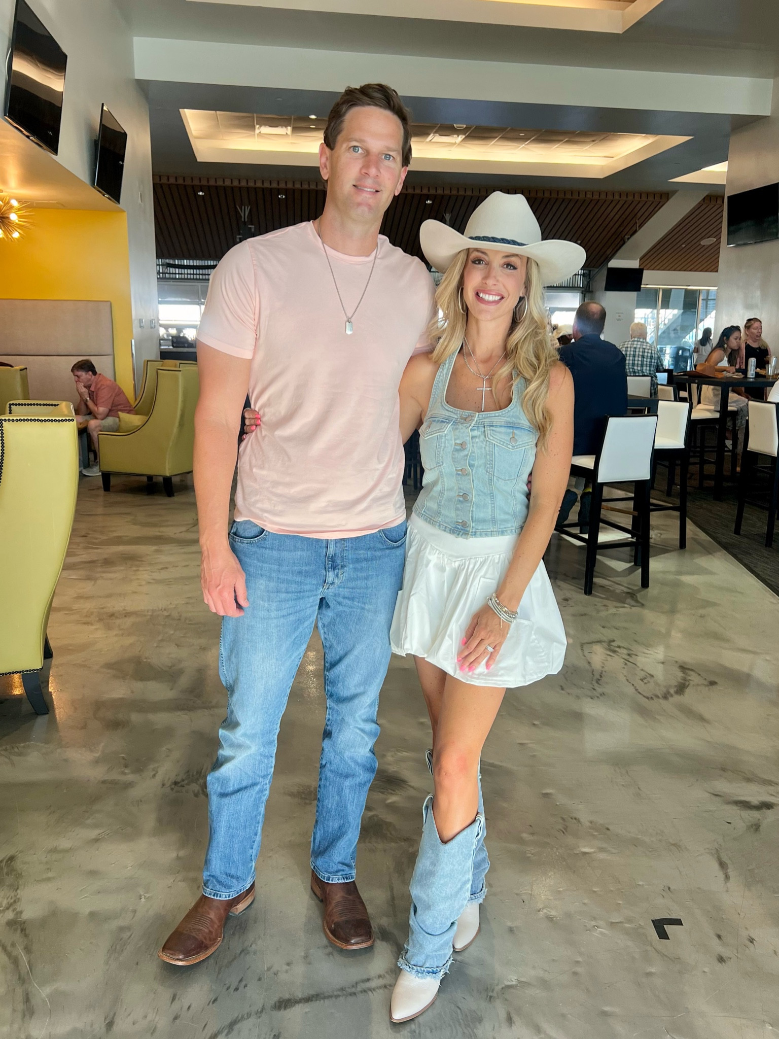 Denim country concert. Cowgirl hat from boot barn features a braided denim band. Bubble skirt in XS also comes in pale blue color. Denim boots on sale. George Strait & Chris Stapleton Concert outfit. Morgan Wallen. Luke Combs. Cody Johnson. Kane Brown. Megan Moroney concert outfit inspo. 

#LTKStyleTip #LTKFestival #LTKShoeCrush