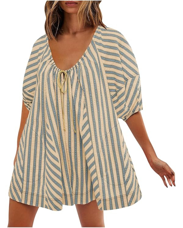 Summer Tshirt Romper for Women Casual Striped Romper Puff Short Sleeve Wide Leg Oversized Romper ... | Amazon (US)