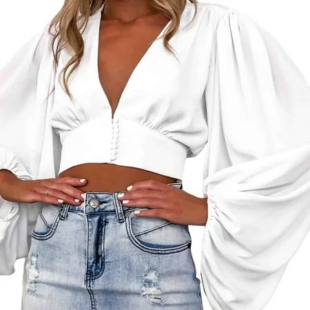 Women s Sexy Deep V Neck Bishop Long Sleeve Cropped Blouse Top Button Down Shirts | Walmart (US)