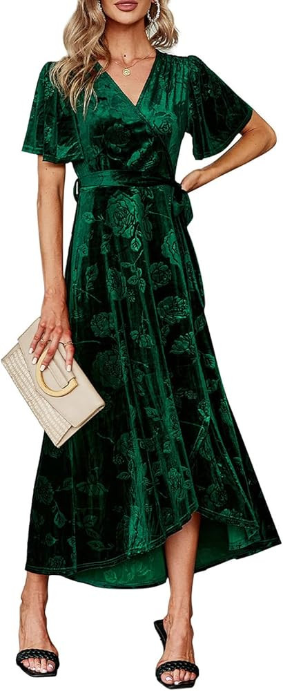 BerryGo Women's Velvet Floral Pattern Semi Formal Wrap Dress Ruffle Maternity Prom Winter Maxi Dr... | Amazon (US)