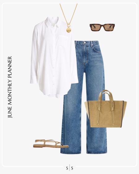 Monthly outfit planner: JUNE: Spring and Summer looks | wide leg loose denim, strap sandal, white button up, coin toggle necklace, neutral tote bag

See the entire calendar on thesarahstories.com ✨ 


#LTKStyleTip