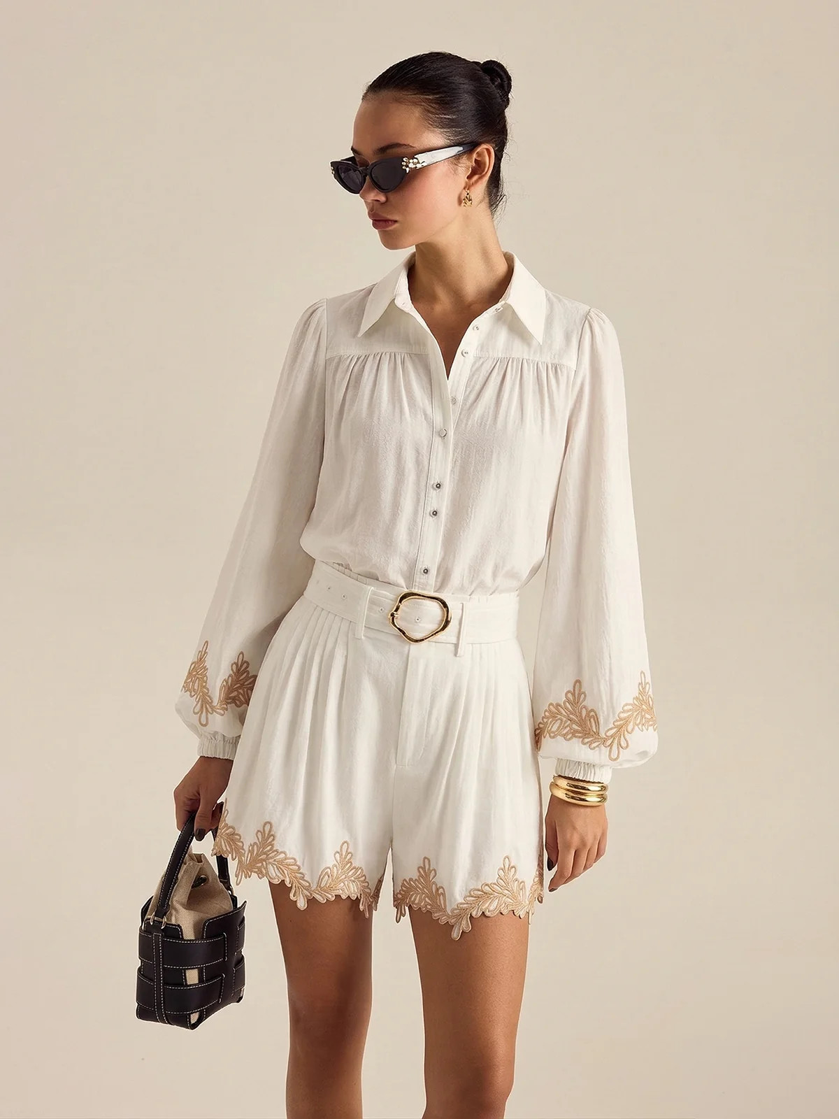 Cotton Embroidered Shirt & Belted Shorts Set | Commense