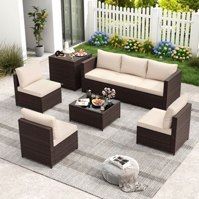 Costway 8 PCS Patio Furniture Set with Storage Box & Tempered Glass Coffee Table Beige | Target