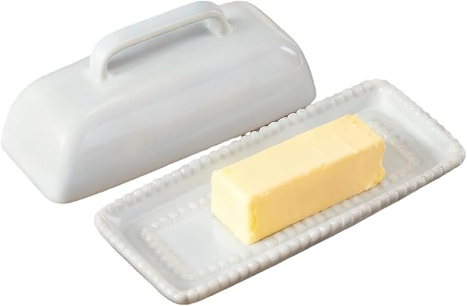 White Ceramic Butter Dish with Lid-Vintage Pearl Embossed Edge & Large Arc Handle-Keeps Butter Fr... | Amazon (US)