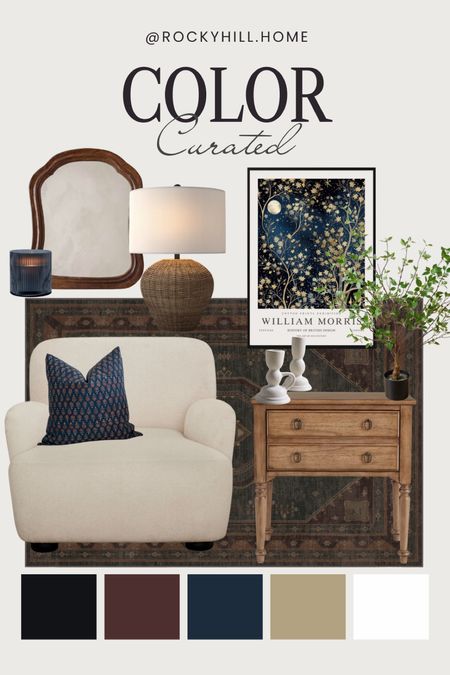 Home Decor and Furniture: blue, brown, and white color palette 
Affordable living room chair, small mirror, oak nightstand, rug, lampp

#LTKstyletip #LTKhome