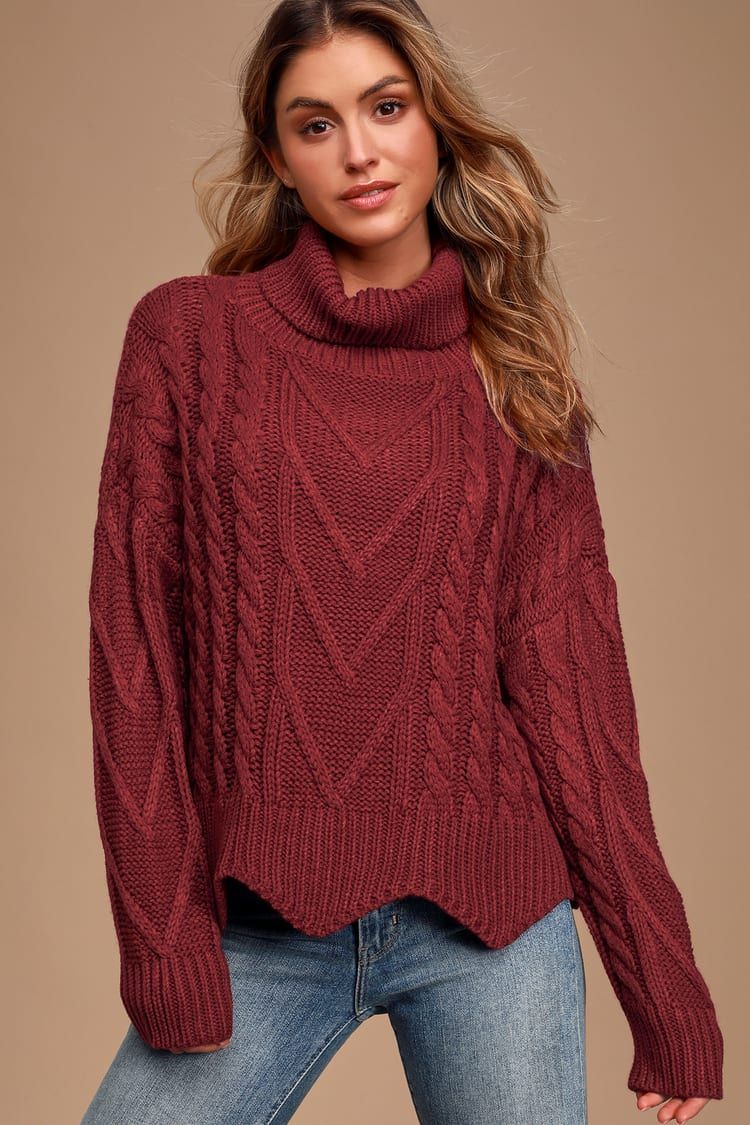 Call Me Cozy Wine Red Cable Knit Turtleneck Sweater | Lulus (US)