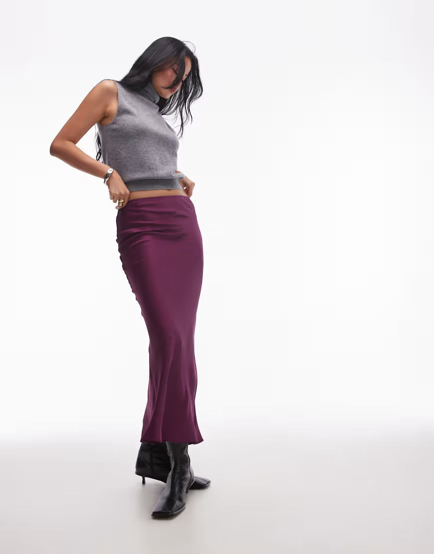 Topshop satin bias maxi skirt in burgundy-Red | ASOS (Global)