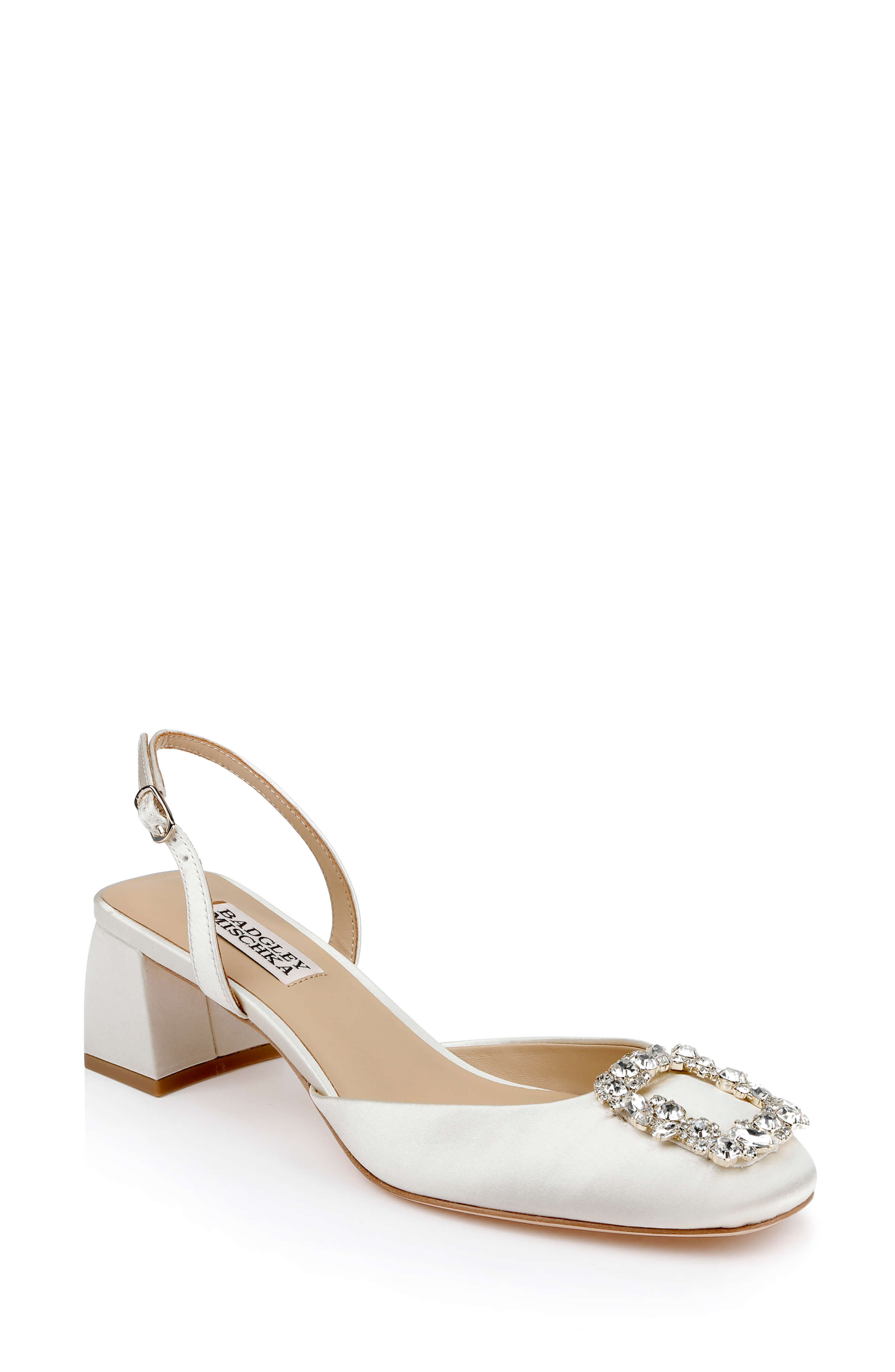 Vivia Satin Block Heel Slingbacks with Crystal Buckle | Badgley Mischka
