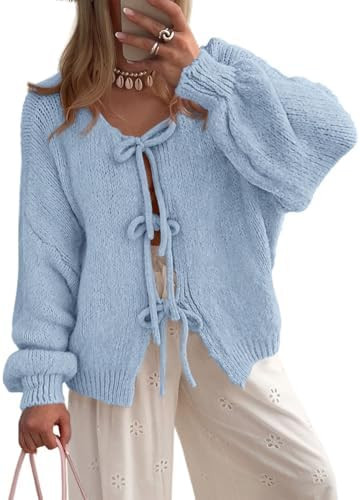 PRETTYGARDEN Women's Tie Front Bow Cardigan Sweaters Chunky Knit Long Puff Sleeve Trendy Fall Win... | Amazon (US)