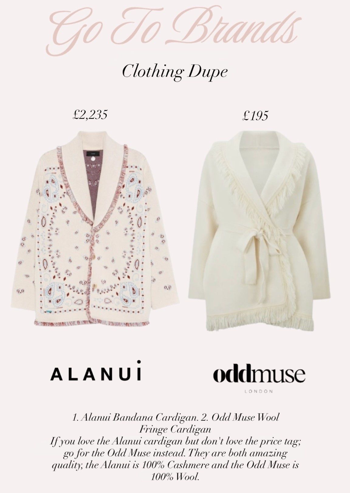 If you love the Alanui cardigan but don't love the price tag; go for the Odd Muse instead. They are both amazing quality, the Alanui is 100% Cashmere and the Odd Muse is 100% Wool.