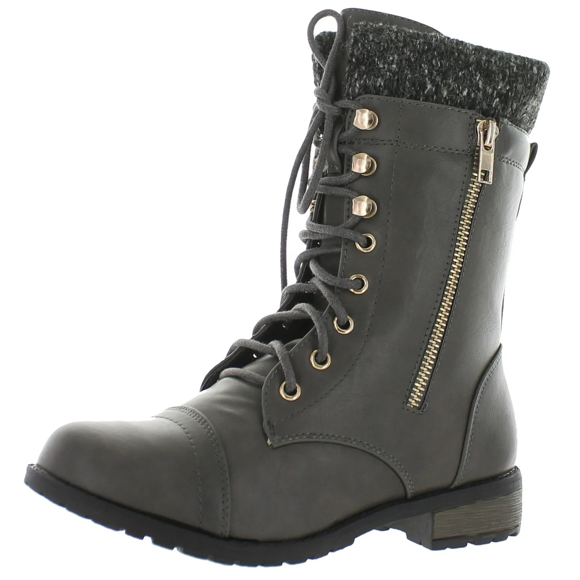 Forever Link Womens Mango-31 Round Toe Military Lace Up Knit Ankle Cuff Low Heel Combat Boots | Walmart (US)