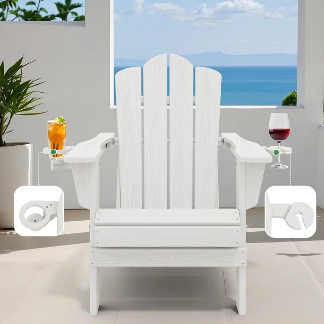 JUSTLET Outdoor Patio Folding HDPE Resin Adirondack Chair with Double Cup Holder, White | Walmart (US)