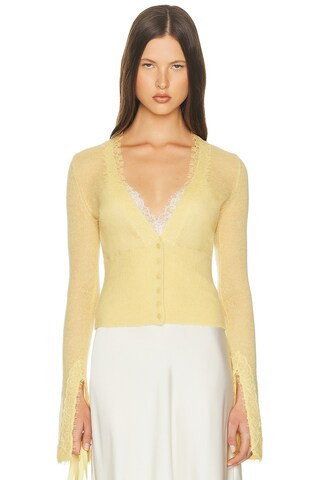 Helsa Bridgitte Lace Trim Cardigan in Yellow - Yellow. Size M (also in XS). | FWRD 