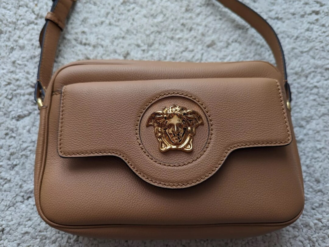 Versace Medusa Gold Tone Head Caramel Brown Textured Leather Shoulder Camera Bag Crossbody Purse,... | Etsy (US)