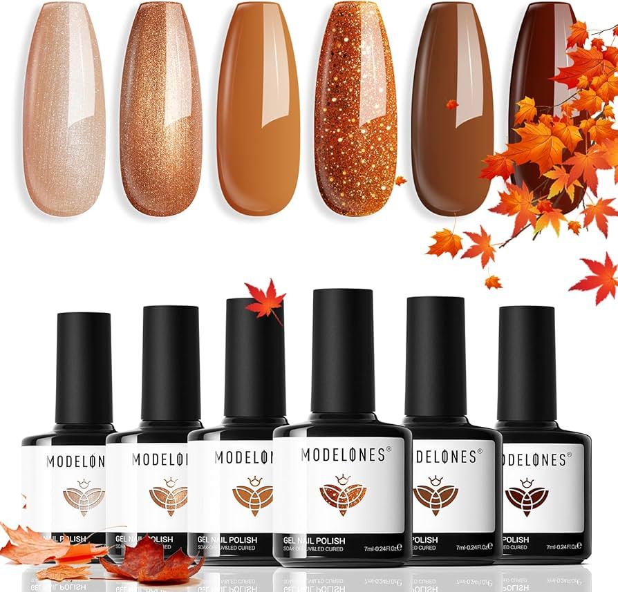 Modelones Gel Nail Polish Set, 6 Fall Colors 2025 Nude Brown Gel Polish Glitter Pearl Shimmer Cin... | Amazon (US)