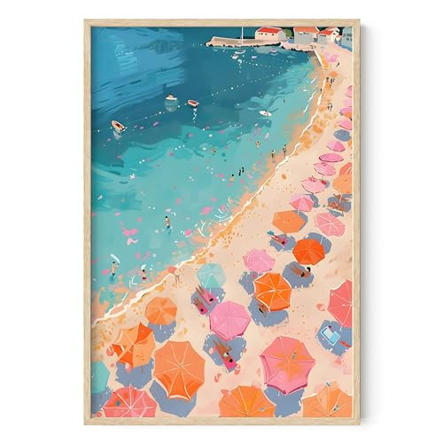 HAUS AND HUES Beach Wall Art - Coastal Art Print for Living Room, Beachy Wall Decor for Ocean-themed Bedroom, Modern Coastal Beach Painting(Pink Orange Beach 2, Beige Frame, 24x36) | Amazon (US)