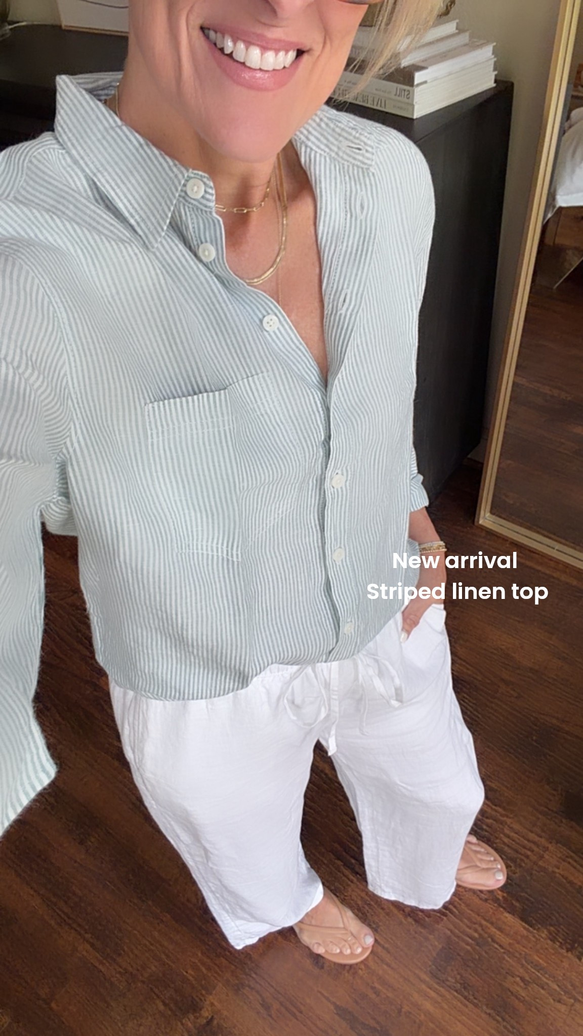 @jcrew new arrival! 
This linen button up is now in this amazing stripe!

Wearing true size 
Paired with the aseil linen pant that comes in 3 lengths 
Wearing small regular length

The white are lined! 

Great vacation beach outfit 
What to wear to the beach 

#LTKOver40 #LTKSwim #LTKTravel