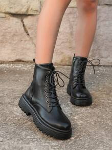 Women's Fashion Black Marble Lace-Up Boots, Fashion Match Pants Match Leggings | SHEIN