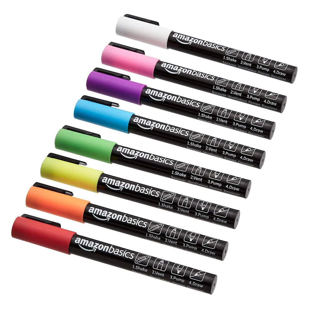 Amazon Basics Bullet/Chisel Reversible Tip Chalk Markers, Fine Point, 8-Pack, Bright Colors | Amazon (US)