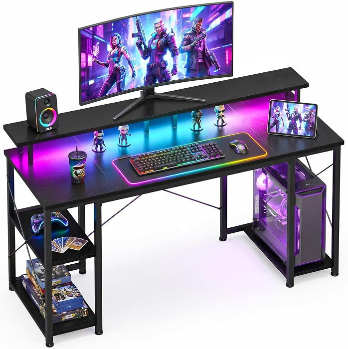 ODK 48 Inch Gaming Desk with LED Lights & Storage Shelves, Black | Amazon (US)