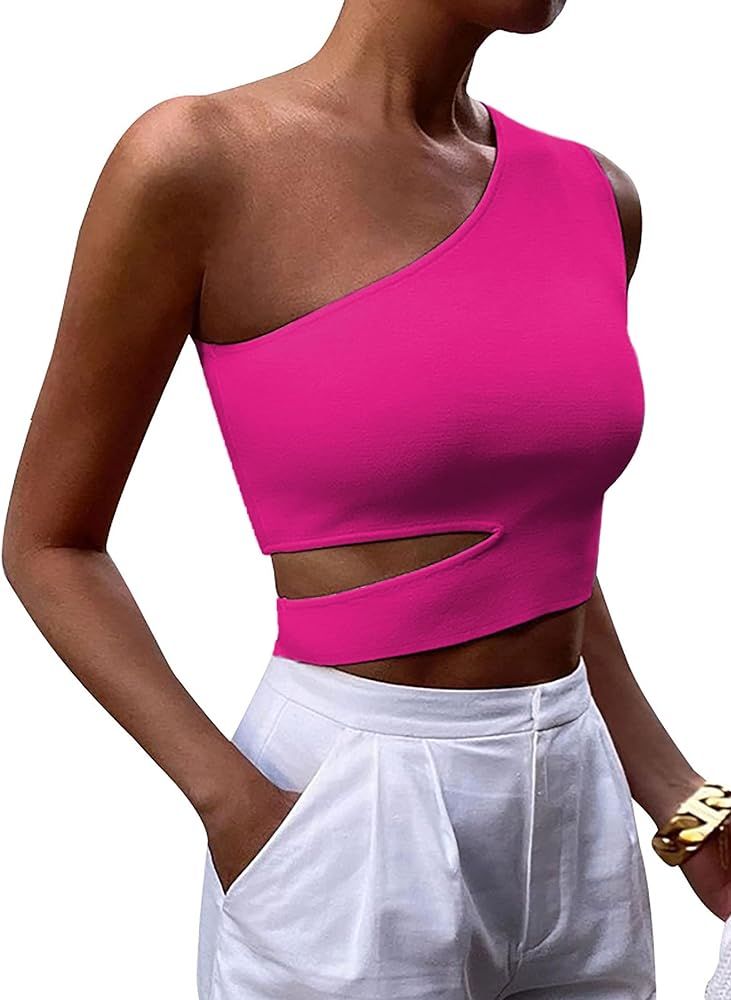 Avanova Women's One Shoulder Crop Tank Top Slant Cut Out Asymmetrical Neck Vest Slim Fitted Shirt... | Amazon (US)