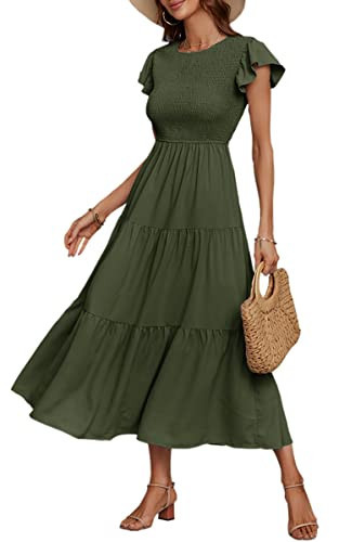 ECOWISH Womens Dresses Wedding Guest Cocktail Midi Ruffle Cap Sleeves Summer A-Line Casual Smocked Maxi Dress 297 Army Green X-Large | Amazon (US)