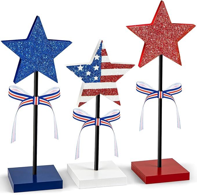 3 Pieces 4th of July Table Decorations Wood Star Set, Patriotic Tiered Tray Decor,Rustic Memorial... | Amazon (US)