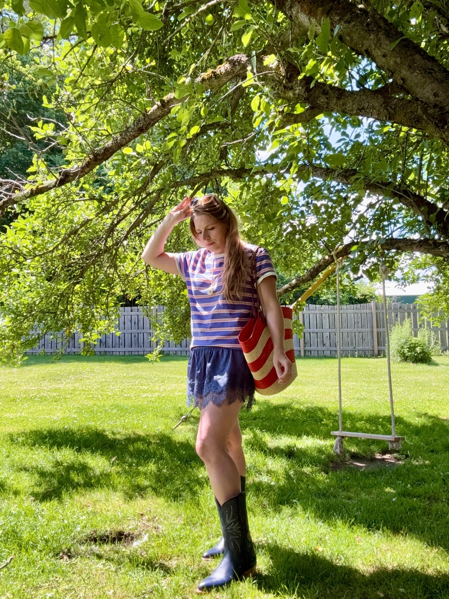 Coastal, cowgirl boots basket bag, east coast, sunglasses, lace skirt, lace skort, red white and blue, Americana, Fourth of July outfit, summer outfit

#LTKootd #LTKSeasonal #LTKmomlife