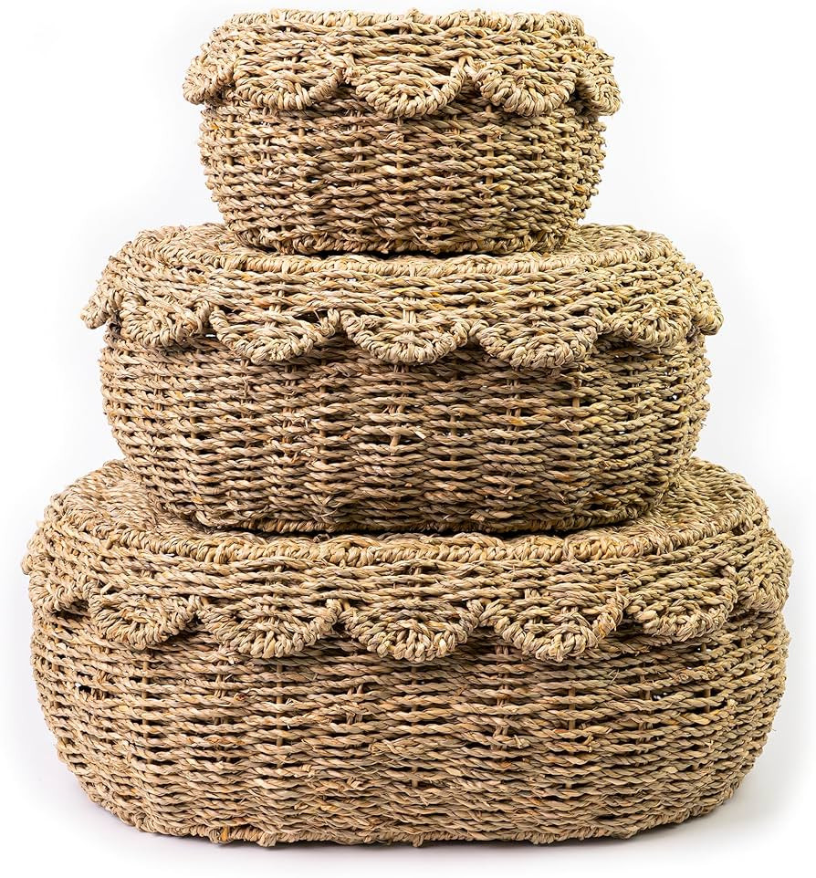 KOLWOVEN Set of 3 Wicker Storage Baskets with Lid - Decorative Handwoven Rattan Baskets for Organ... | Amazon (US)