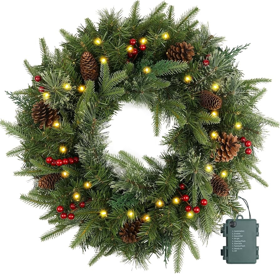Christmas Wreath Pre-lit 24 inch with 50 Light & Pine Cone, Artificial Christmas Wreaths for Fron... | Amazon (CA)