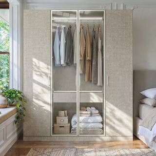 Gray Wood 63 in. Wardrobe Armoire Closet with LED Lighting, Hanging Rod, Glass Doors and Storage Shelf | The Home Depot