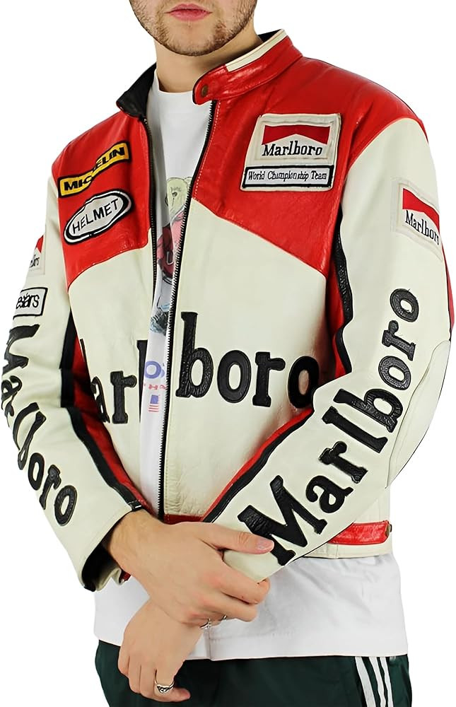 X-ception Men's Classic Cafe Racer Real Leather Red And White Racing Bomber Motorcycle Biker Jack... | Amazon (US)