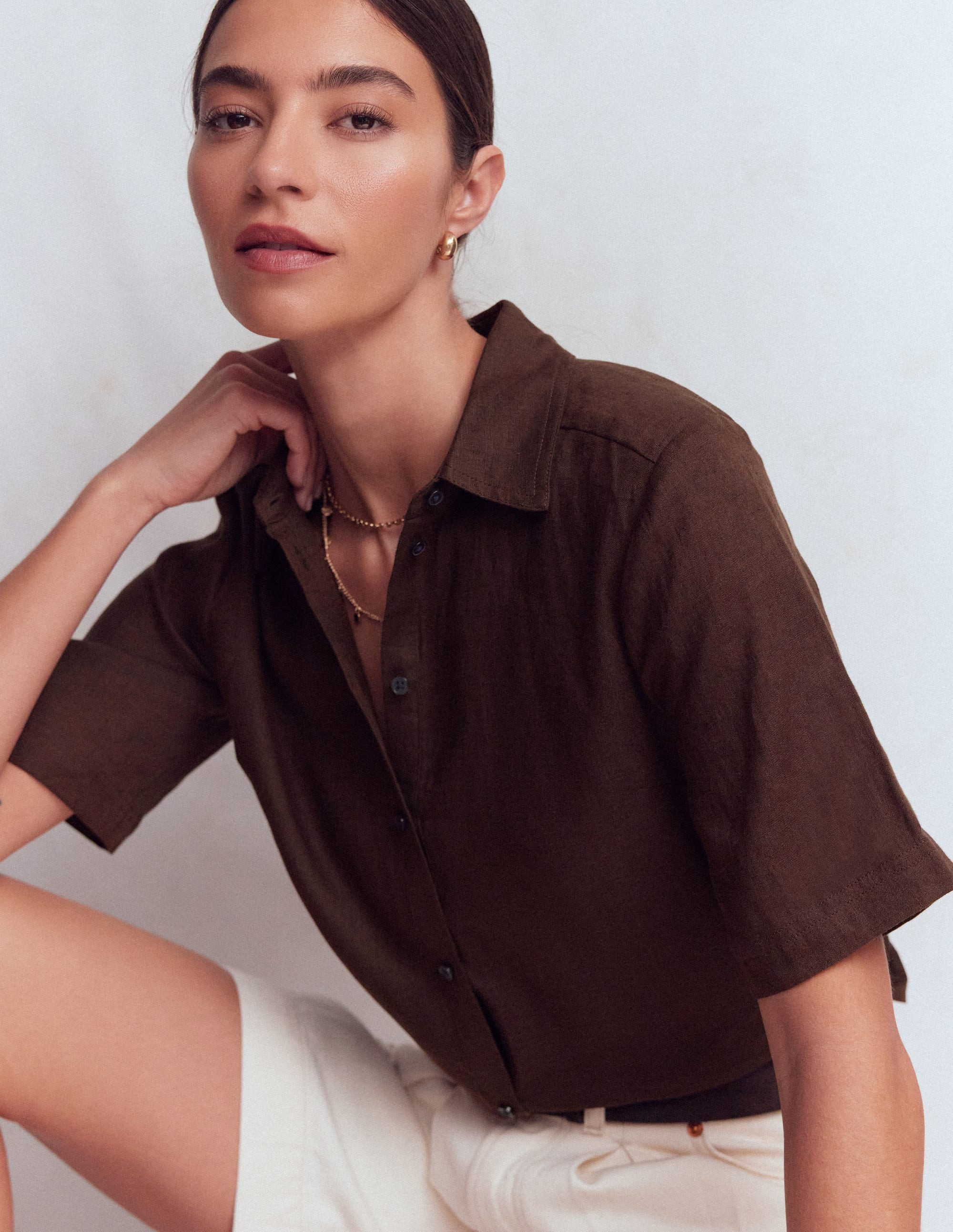 Short Sleeve Linen Shirt-Bitter Chocolate | Boden UK