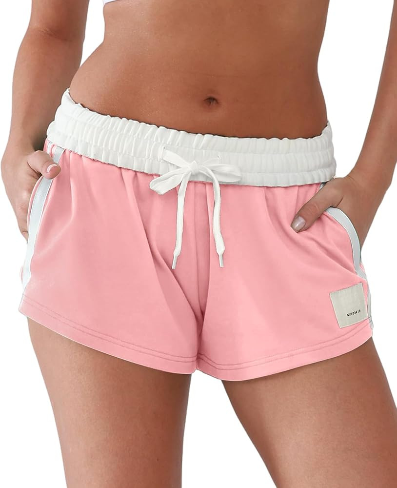 Comfy Sweat Shorts for Women Cotton Fold-Over Waistband Contrast Taping Lounge Casual Athletic Wo... | Amazon (US)