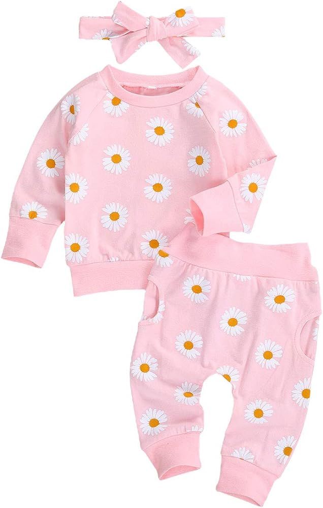 Newborn toddler baby girl 3Pcs fall winter outfit Daisy sweatshirt Top pants headband sweatsuit clot | Amazon (US)