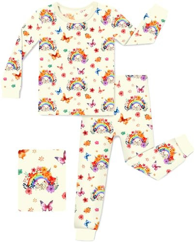 babee Reshinee Bamboo Viscose Toddler Girls Kids Pajama Sets 5-6T Snug fit Long-Sleeve Softness Sleepwear Pjs 2pcs Jammies Rainbow Butterfly | Amazon (US)