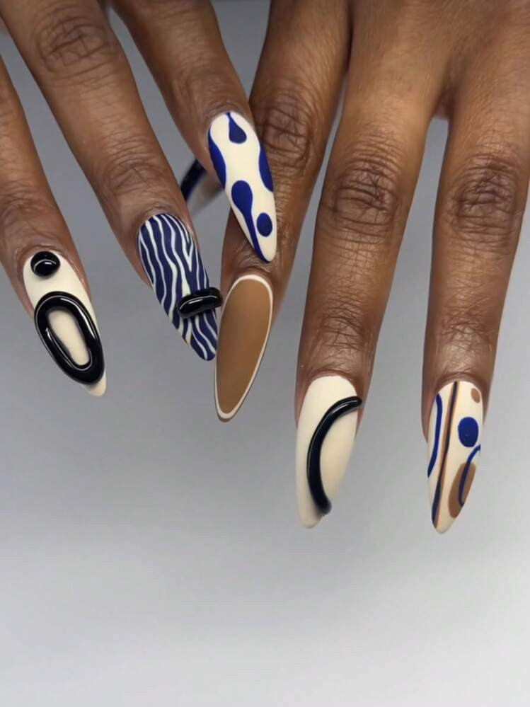 1 Box 24pcs Almond Shaped False Nails, Abstract 3D Art Design Blue & Beige Geometric Pattern Asym... | SHEIN