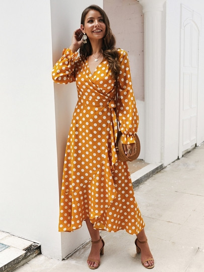 Polka Dot Flounce Sleeve Wrap Dress | SHEIN