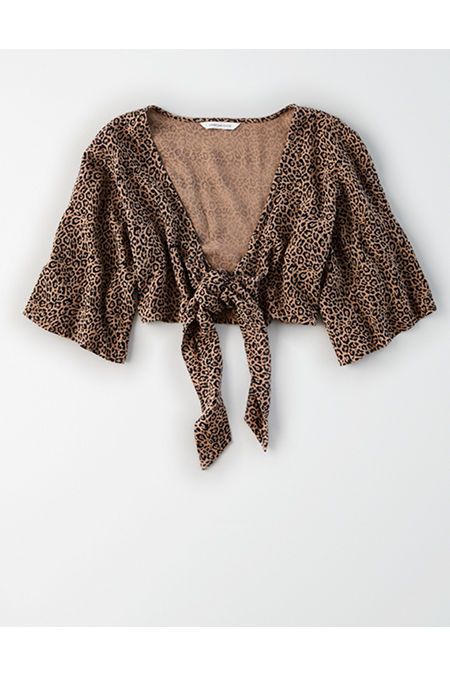 AE Leopard Tie Front Crop Top | American Eagle Outfitters (US & CA)