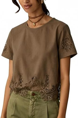 Aimiray Women's Lace Tops Cropped Crew Neck Lace Trim Shirt | Soft Skin-Friendly Cotton Fabric,Li... | Amazon (US)