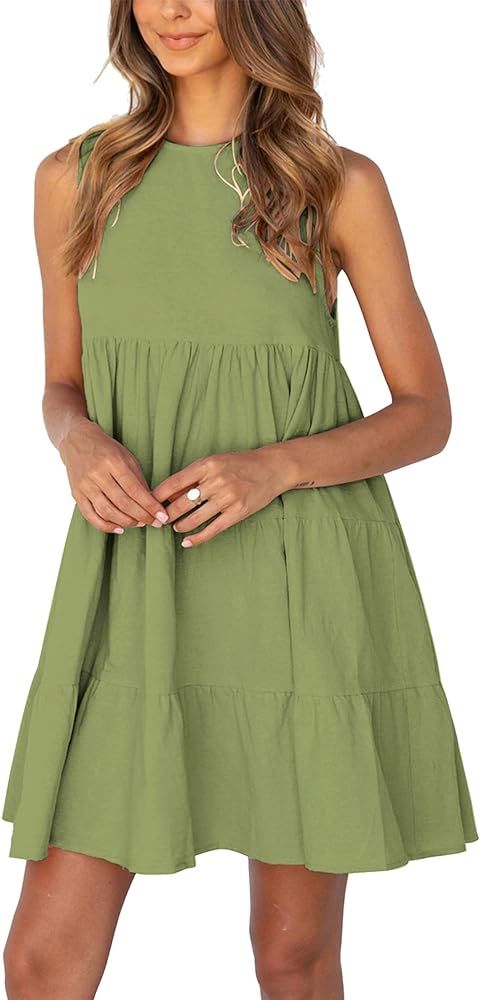 KIRUNDO Women’s Summer Sleeveless Round Neck Casual Loose Mini Dress Cute Solid Color Flowy Swing Pl | Amazon (US)
