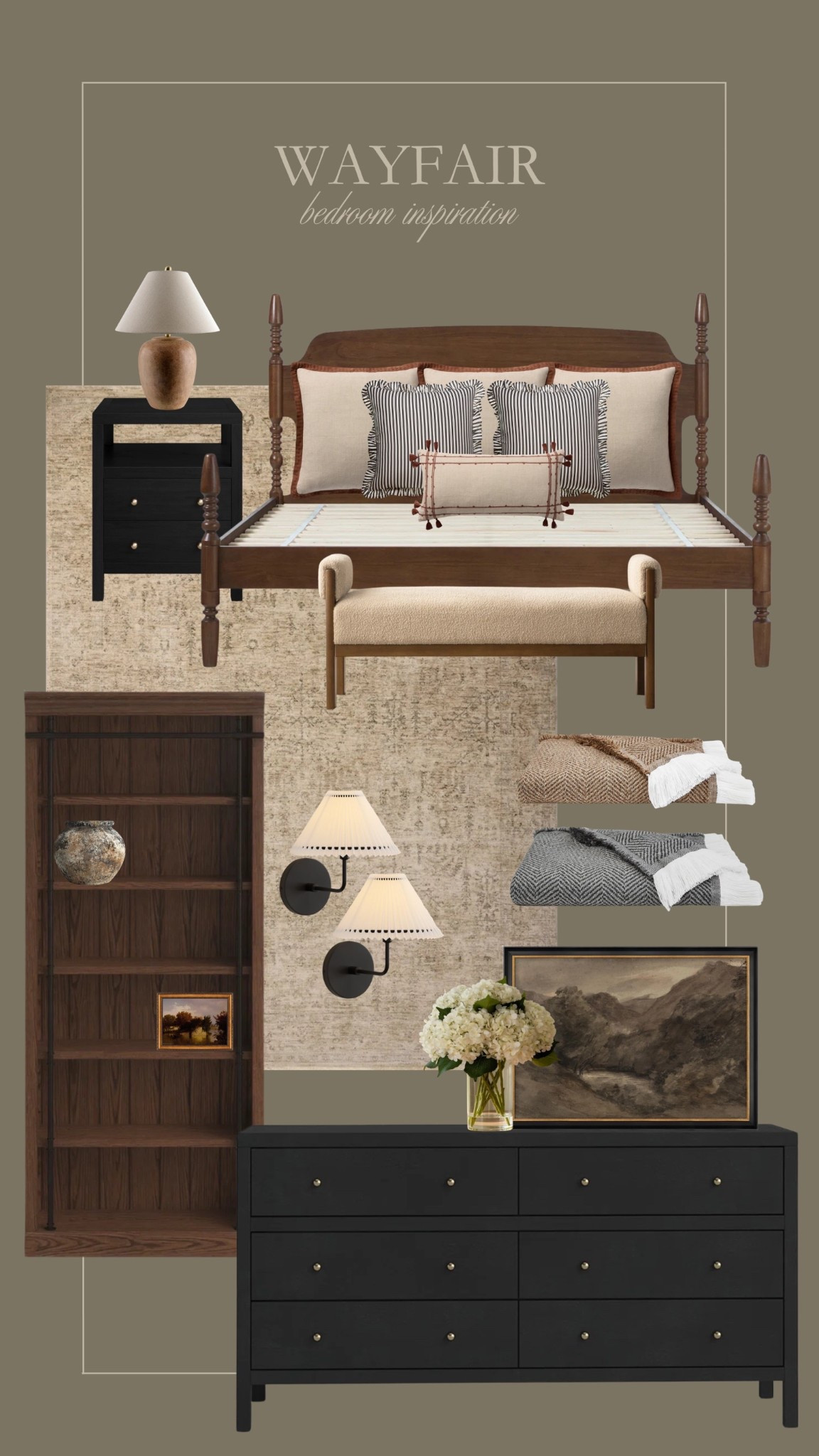 Wayfair bedroom inspo! How pretty is this moody primary? 🤎 Love this bed, the shelf, and the matching dresser and nightstand! 

#LTKHome