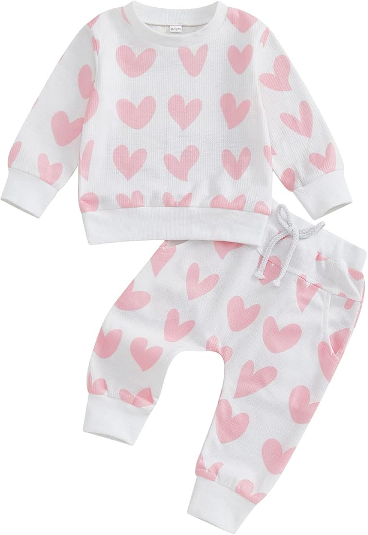 Kupretty Toddler Baby Girl Valentine’s Day Outfits Heart Waffle Knit Sweatshirts and Pants Set ... | Amazon (US)