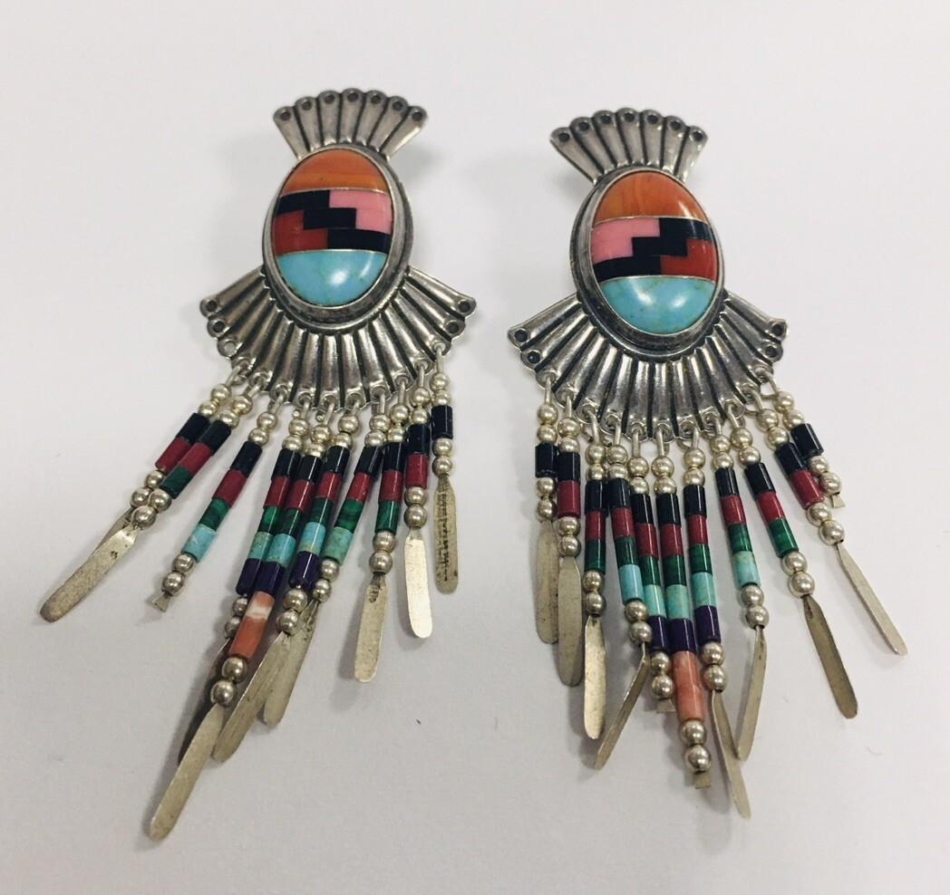ZUNI Sterling Turquoise ,Coral & Black Onyx Inlay Dangle Earrings Signed QT | eBay | eBay US