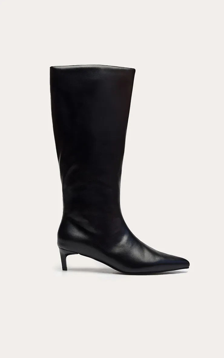 Black PU Point Toe Kitten Heel Knee High Boots | PrettyLittleThing UK