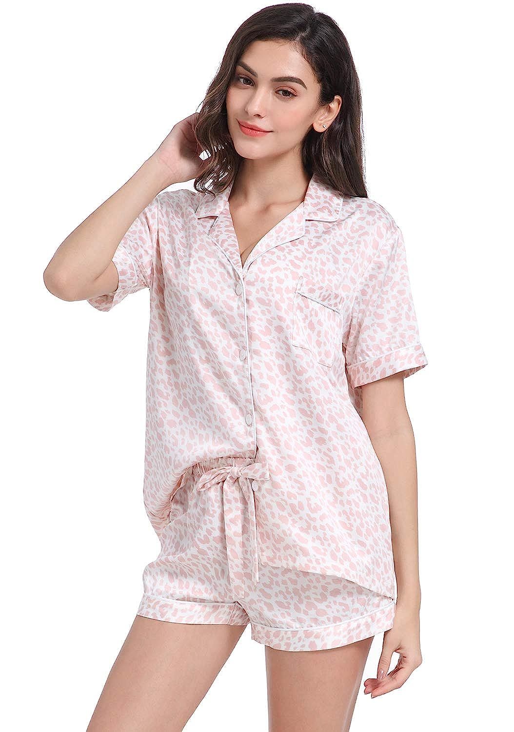 Serenedelicacy Women's Silky Satin Pajamas Short Sleeve PJ Set Sleepwear Loungewear | Amazon (US)