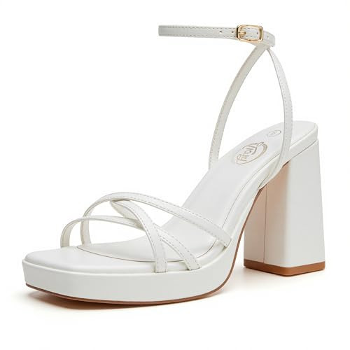 Trary Platform White Heels for Women Square Open Toe Women's Cross Ankle Strappy Heeled Sandals 2025 Chunky Block High Heels 3 Inch Adjustable Buckle Comfy Dressy Y2K Shoes Party Wedding Bridal Prom | Amazon (US)