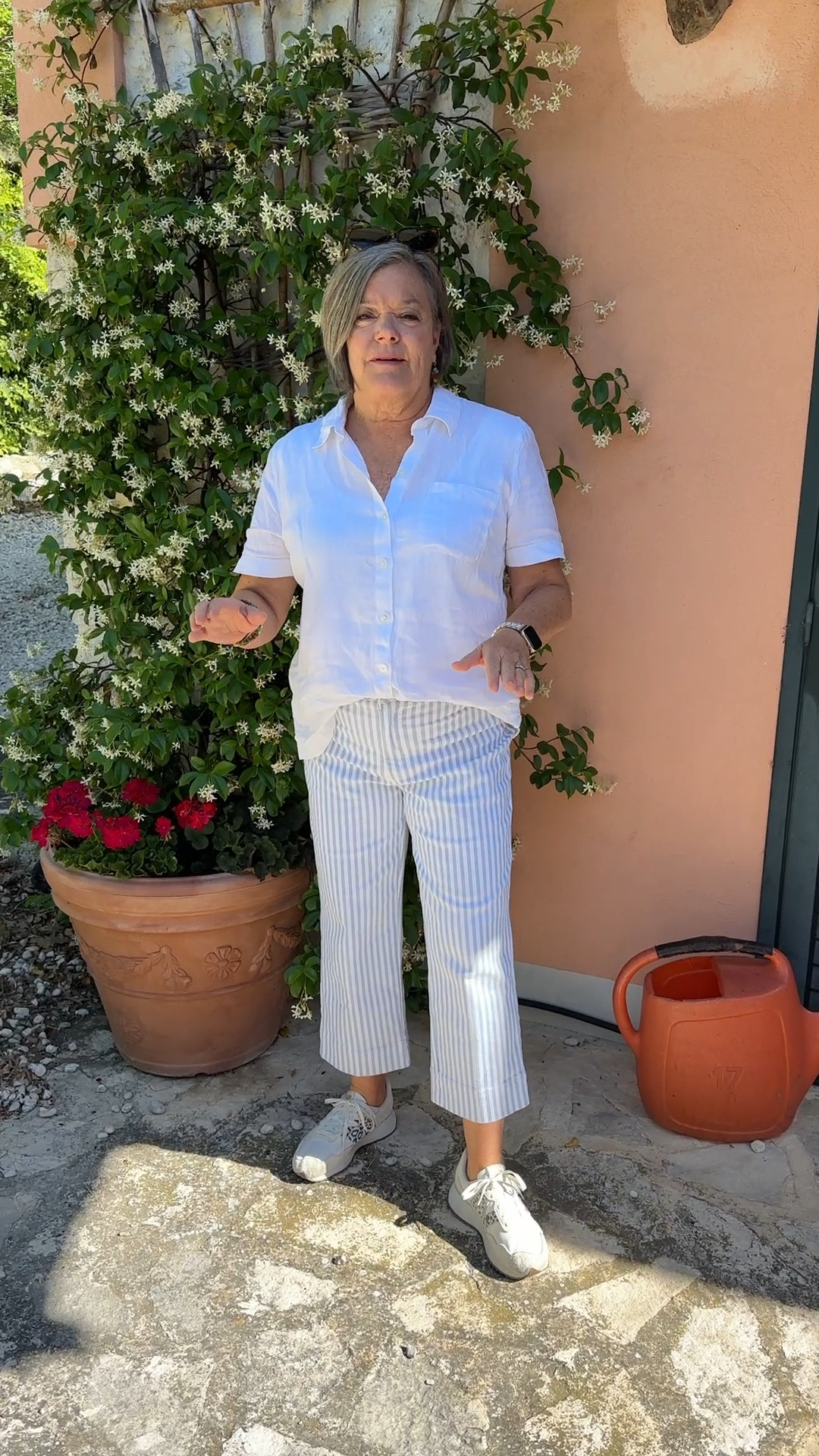 Casual cute linen camp shirt and striped lightweight cropped cotton pants with stretch! So perfect for hot summers in Italy and cute fashion for women over 50! 
@coldwatercreek

#LTKgrwm #LTKMidsize